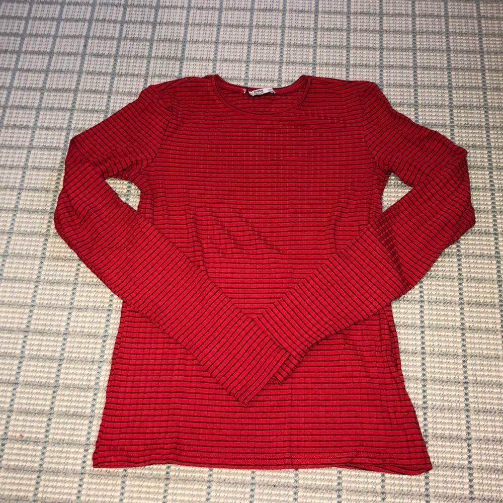 ZARA Red And Black Striped Long Sleeve Shirt